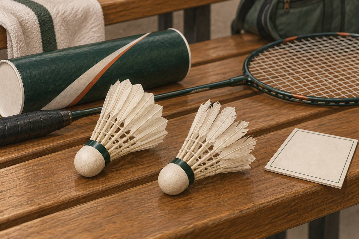 Two feather shuttles with intact bases, one showing wear, beside a badminton racket and tube.
