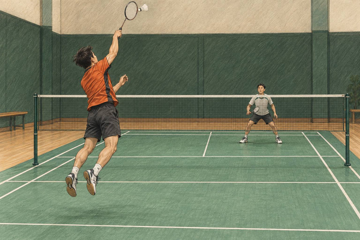Editorial badminton scene of a right-handed rear-court attacker at modest jump-smash contact with one defender across the net.