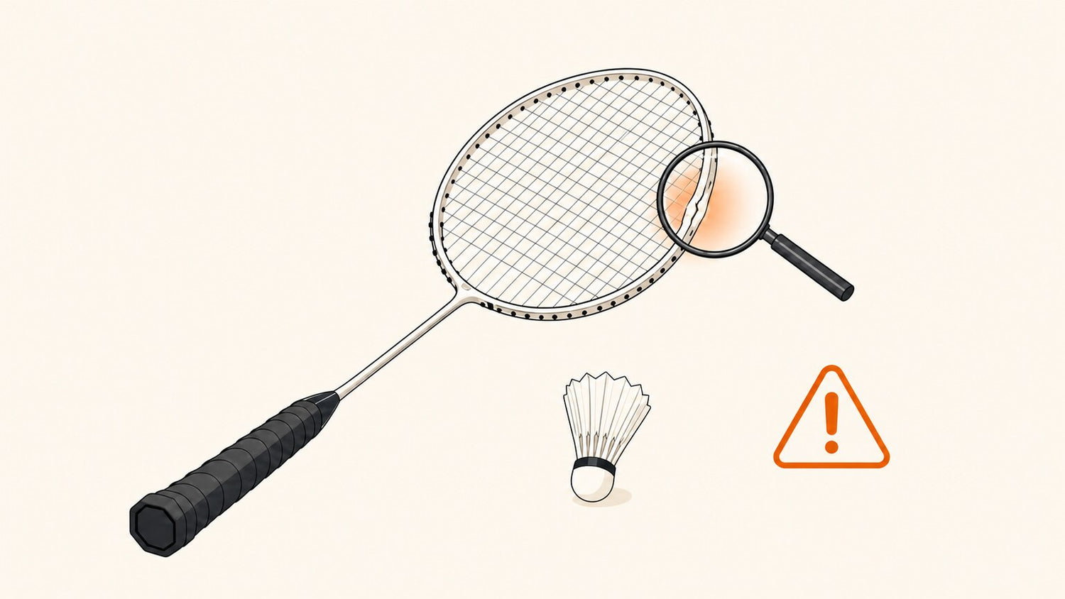 Badminton racket frame inspected with a magnifying glass showing a hairline crack