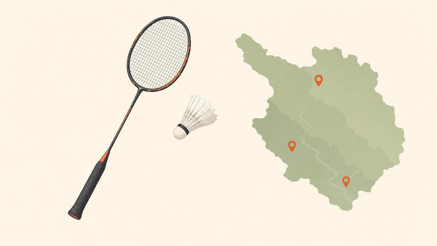 A flat-vector badminton racket with a crosshatched string bed and a shuttlecock beside a simplified valley map with three location pins on a cream background.