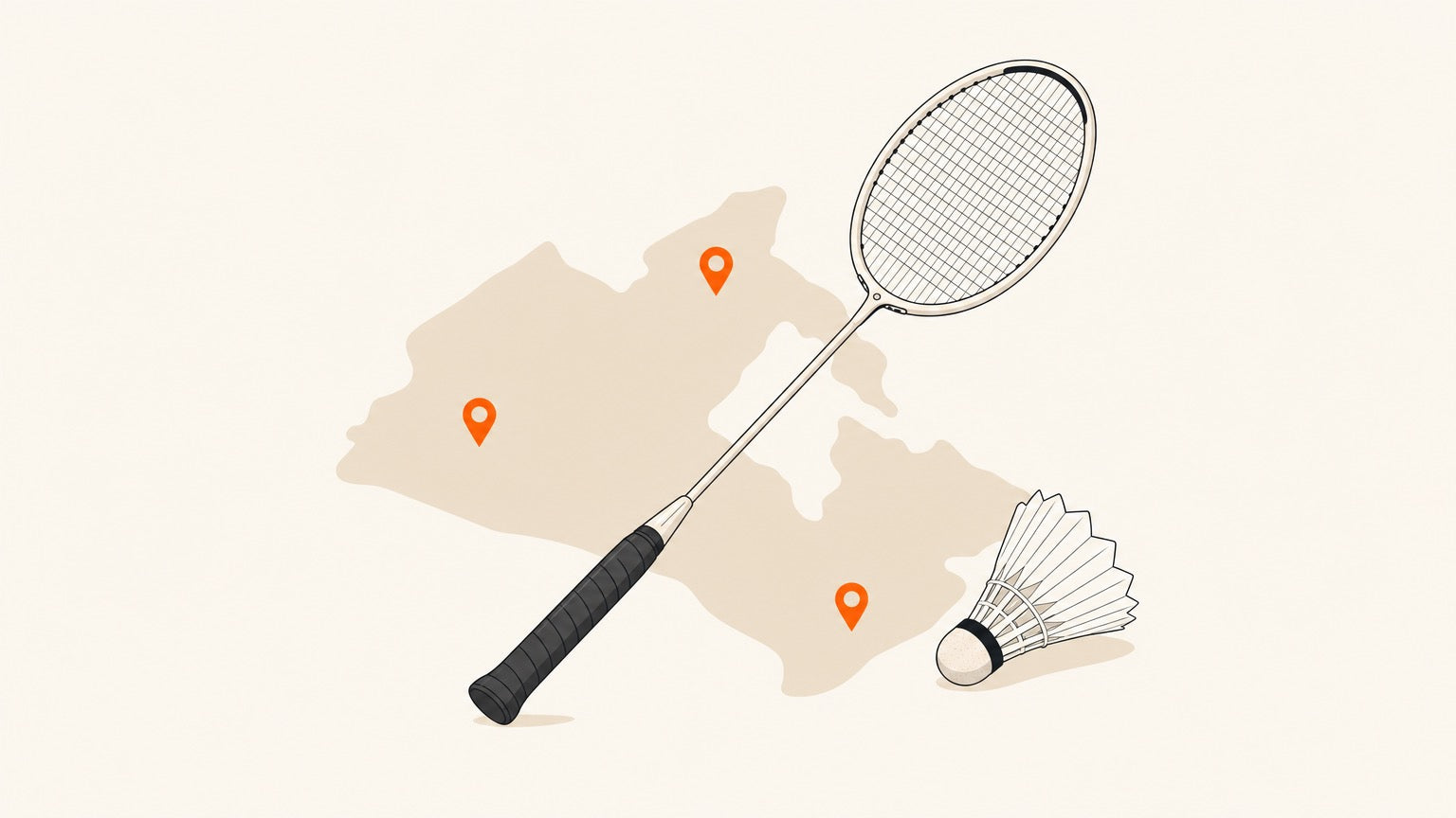 Badminton racket with visible strings, shuttlecock and location pins for a Centre-du-Québec places-to-play guide