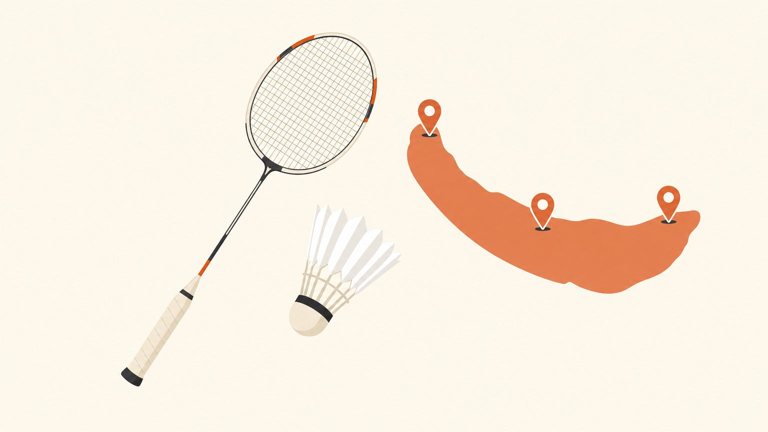 A flat vector badminton racket with a crosshatched string bed and a shuttlecock beside a simplified Prince Edward Island map shape dotted with location pins.