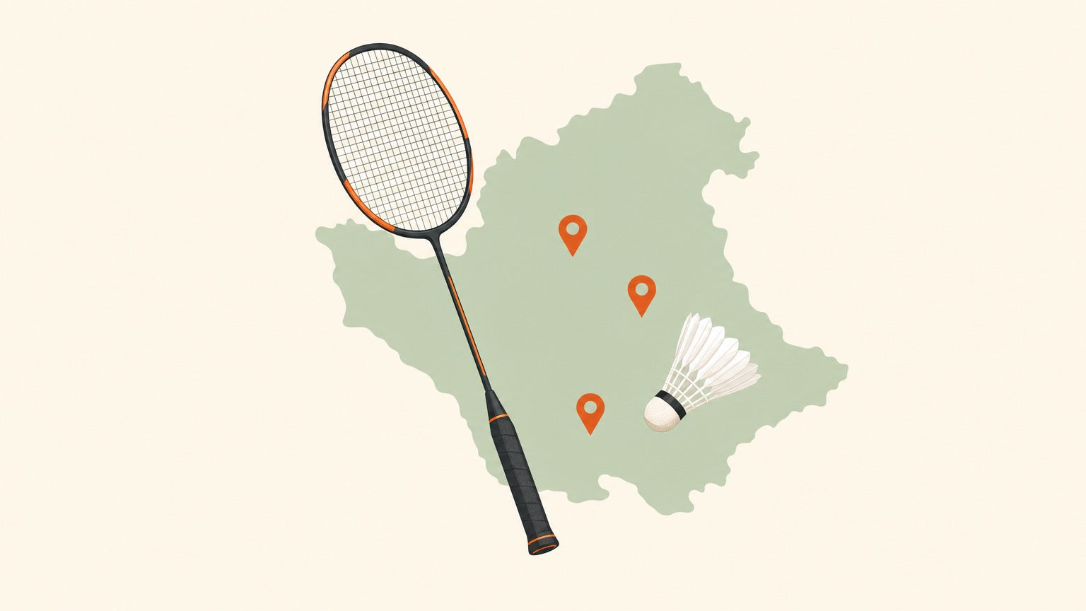 Flat vector illustration of a badminton racket with a crosshatched string bed and a shuttlecock beside a simple regional map marked with three terracotta location pins.