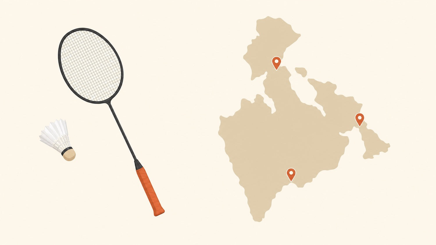 A flat-vector badminton racket with a strung head and a shuttlecock beside a simple northern territory map shape with terracotta location pins on a cream background.