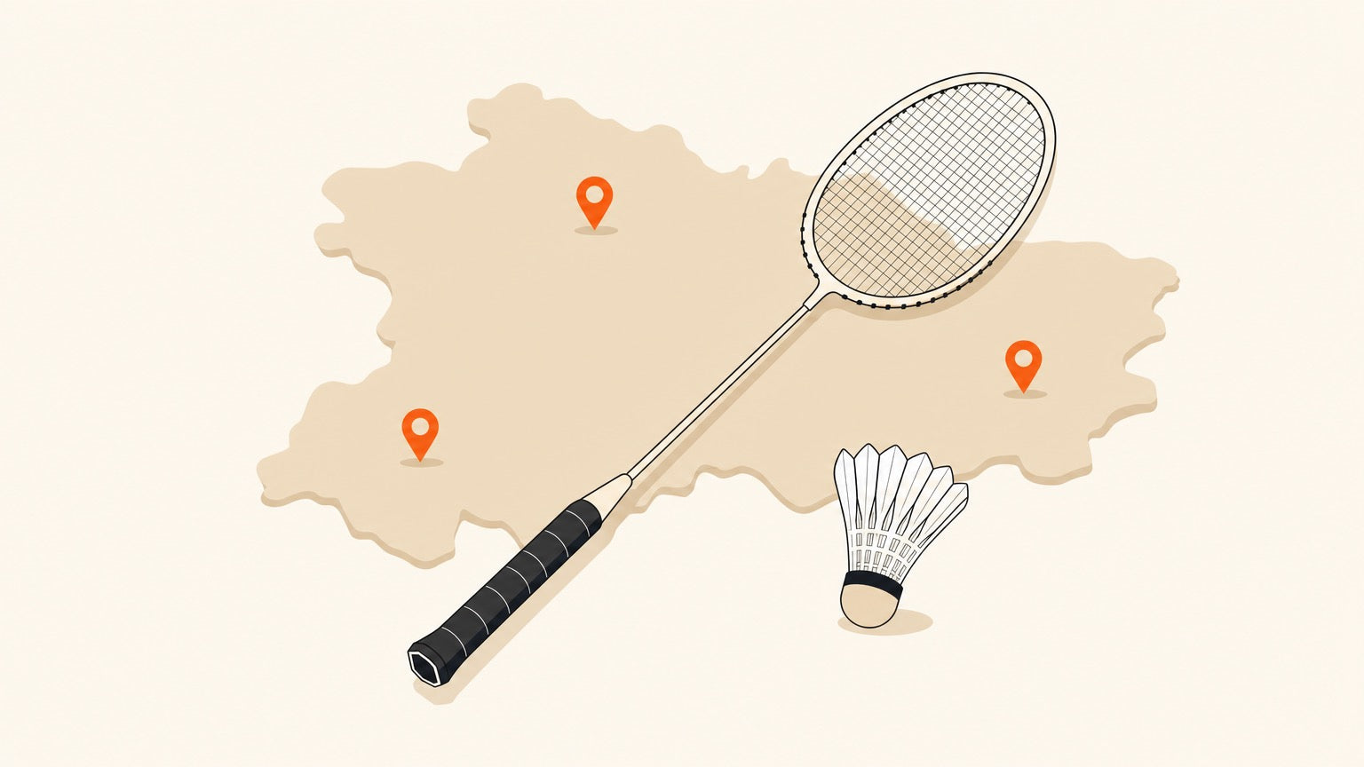 Badminton racket and shuttlecock with location pins representing places to play in Lanaudière