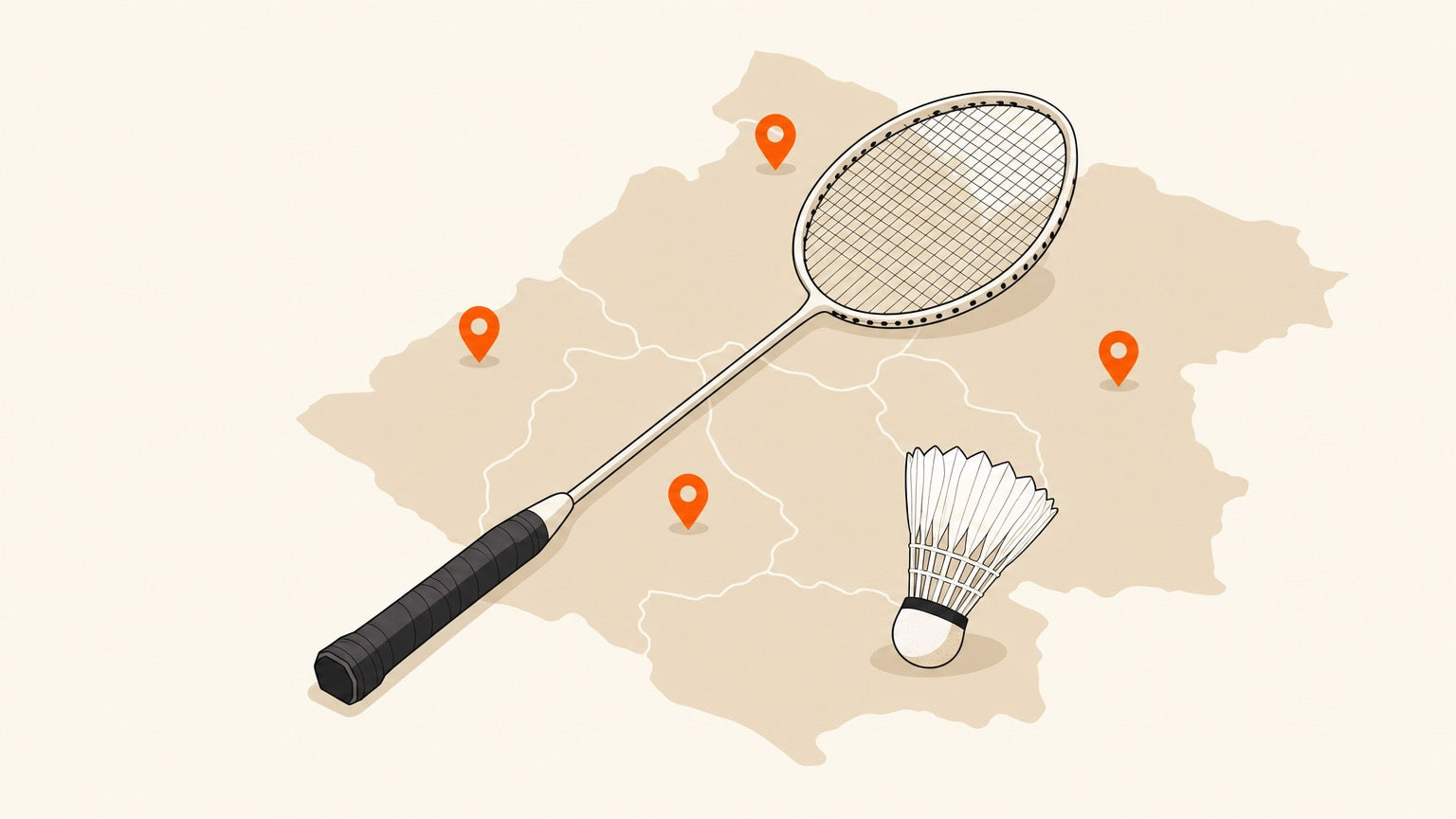 Flat vector badminton racket with a visible string bed, shuttlecock, and location pins for Montérégie-Ouest places to play