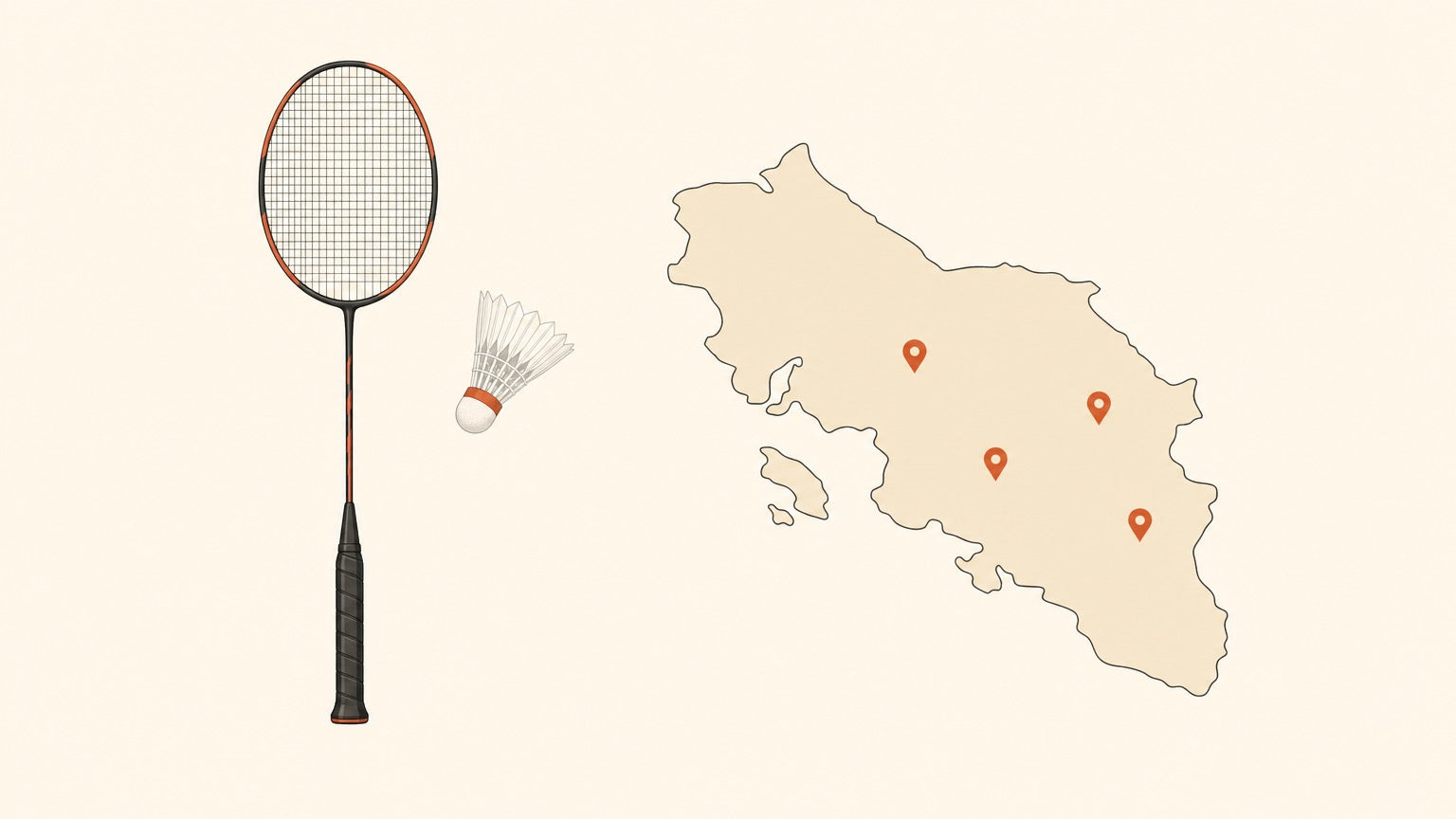 Flat vector badminton racket with strung head and a shuttlecock beside a simplified pinned map of Central Vancouver Island on a cream background.
