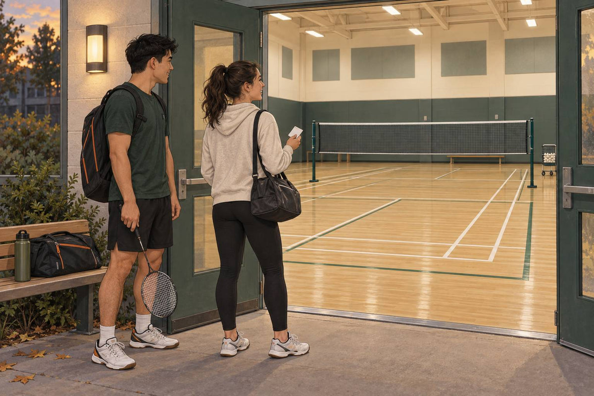 Conceptual badminton scene for Badminton New Brunswick: Clubs, Drop-Ins & Tournaments (2026), not an actual listed venue.