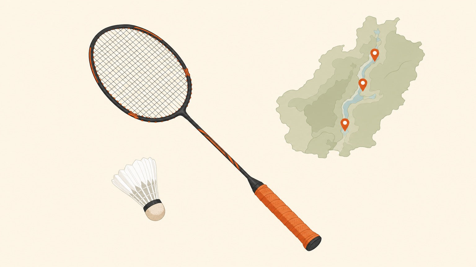 A flat vector badminton racket with a crosshatched string bed and a shuttlecock beside a simplified regional map dotted with small terracotta location pins on a cream background.