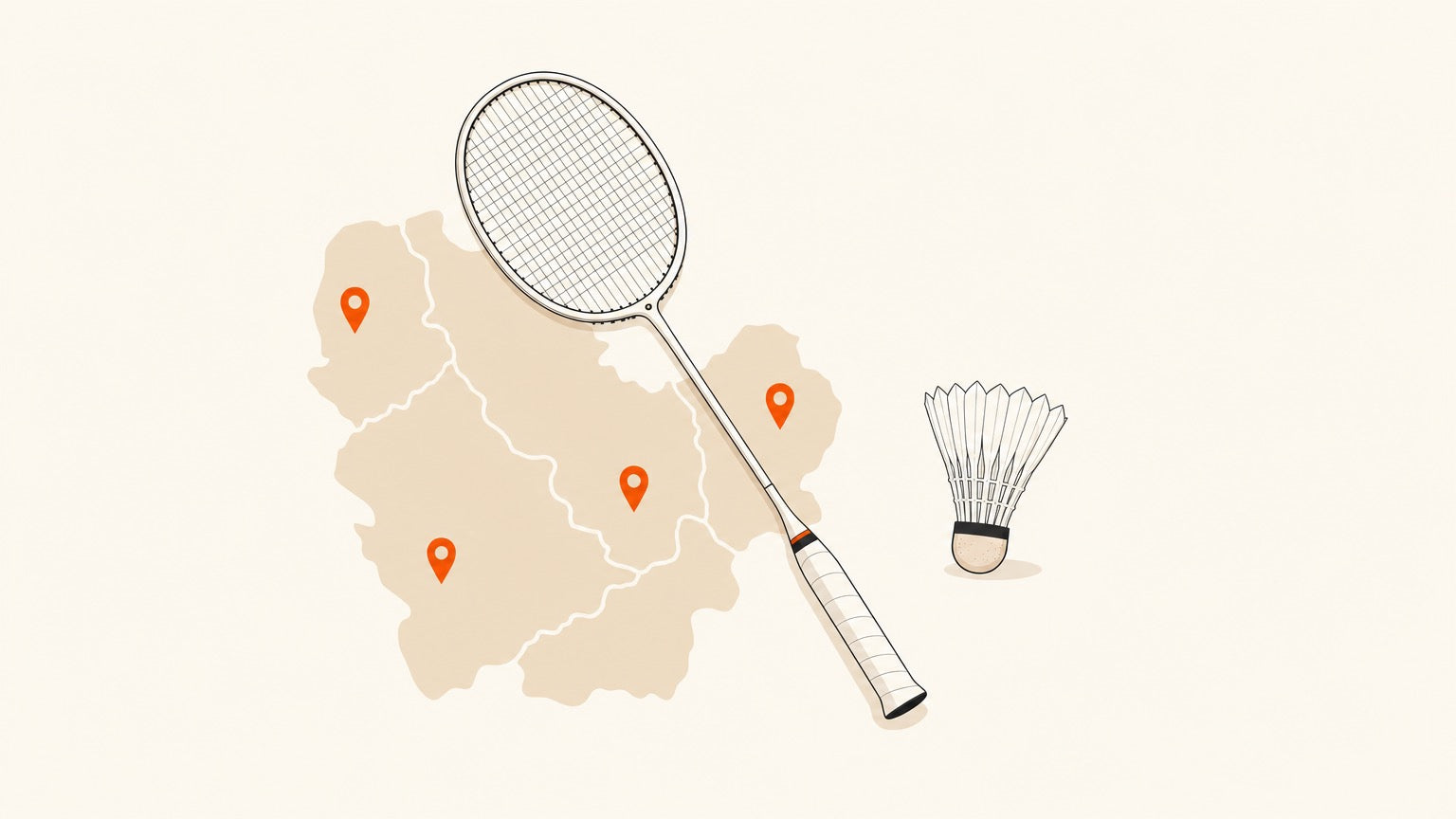 Badminton racket with visible strings, shuttlecock, and small location pins for a Saguenay–Lac-Saint-Jean places-to-play guide