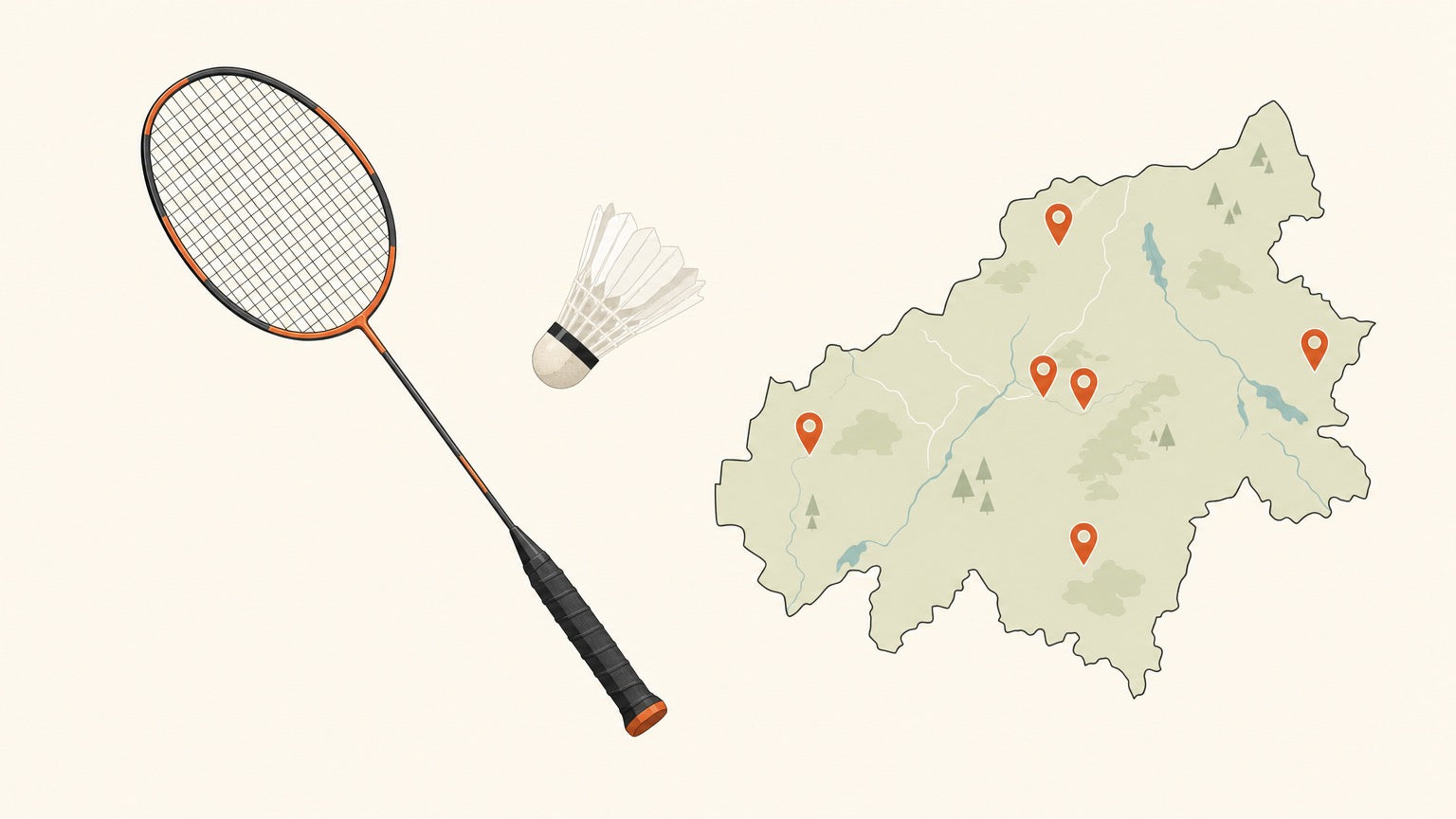 A flat vector badminton racket with a strung head and a shuttlecock floating beside a simplified regional map dotted with small terracotta location pins.