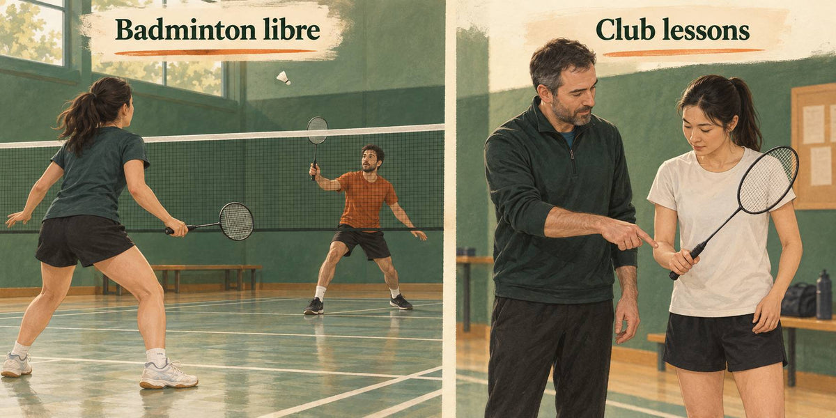 Badminton libre provides court access, while coached club sessions offer instruction and structured progression.