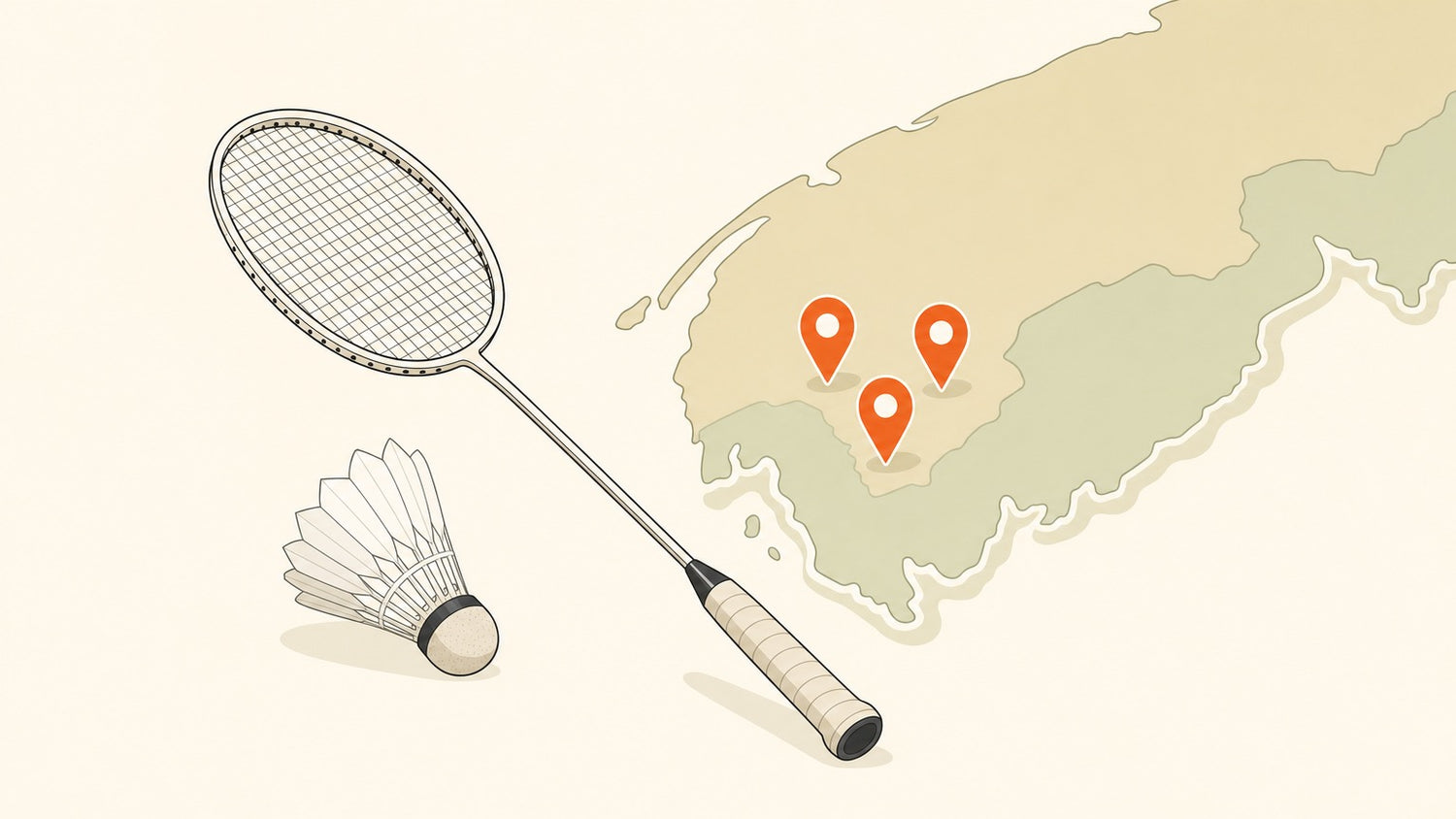 Flat vector badminton racket and shuttlecock with location pins for a South Shore Nova Scotia places-to-play guide