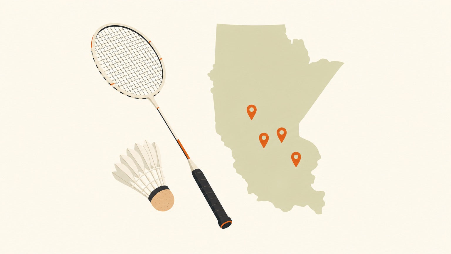 Flat vector badminton racket with a crosshatched string bed and a shuttlecock beside a simple map region dotted with terracotta location pins.
