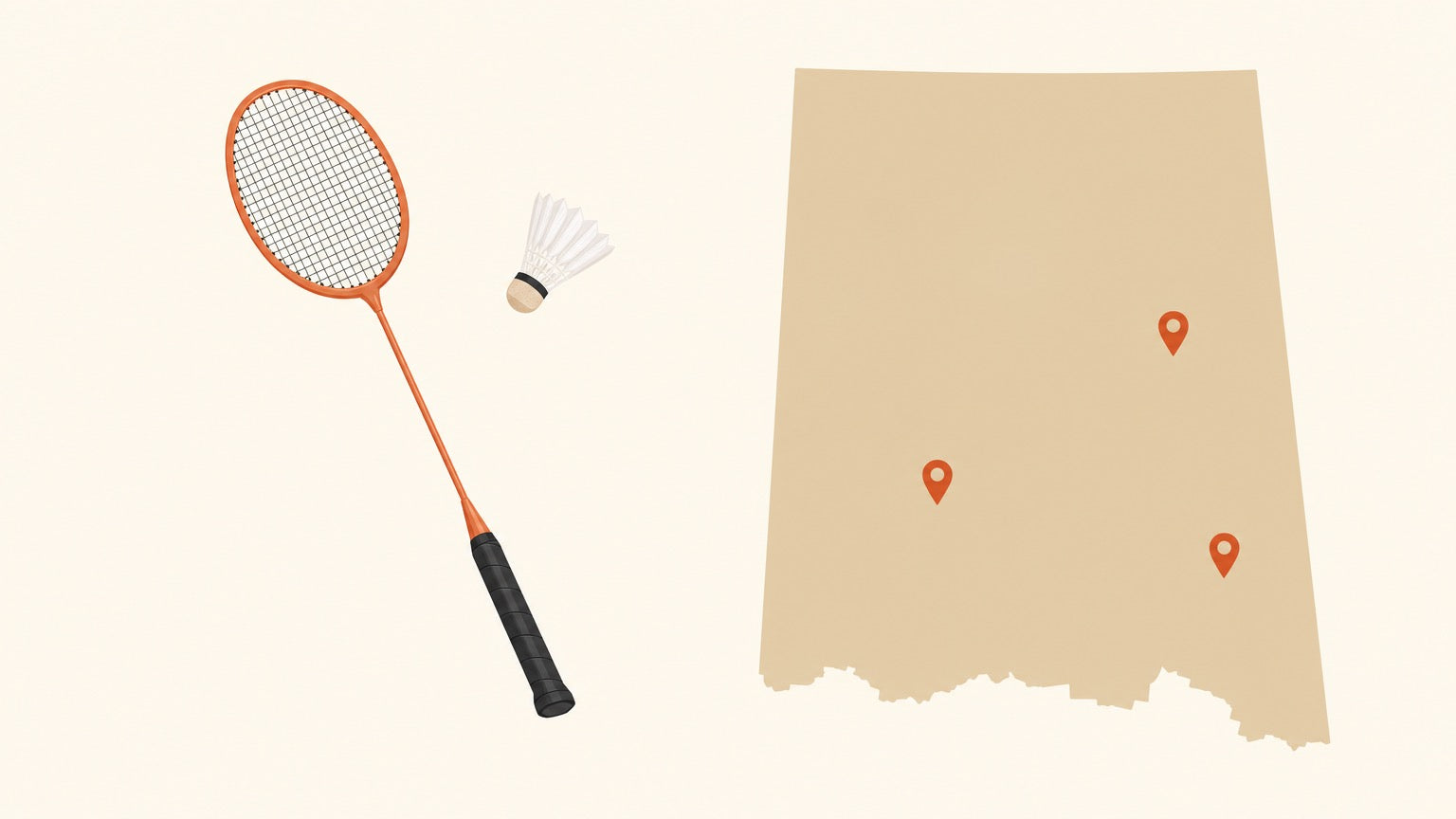 A flat-vector badminton racket with a crosshatched string bed and a shuttlecock beside a simplified regional map dotted with terracotta location pins, on a cream background.