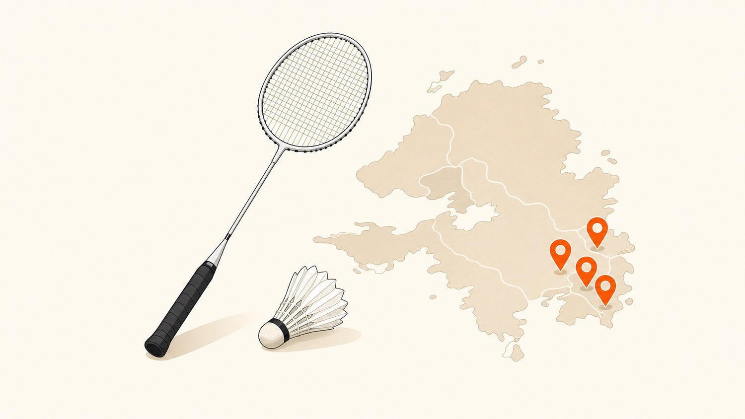 Flat vector banner with a badminton racket, shuttlecock, and location pins for a St. John's places-to-play guide