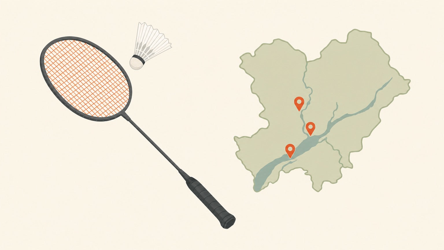 A flat-vector badminton racket with a crosshatched string bed and a shuttlecock beside a simplified regional map dotted with small orange location pins, on a plain cream background.
