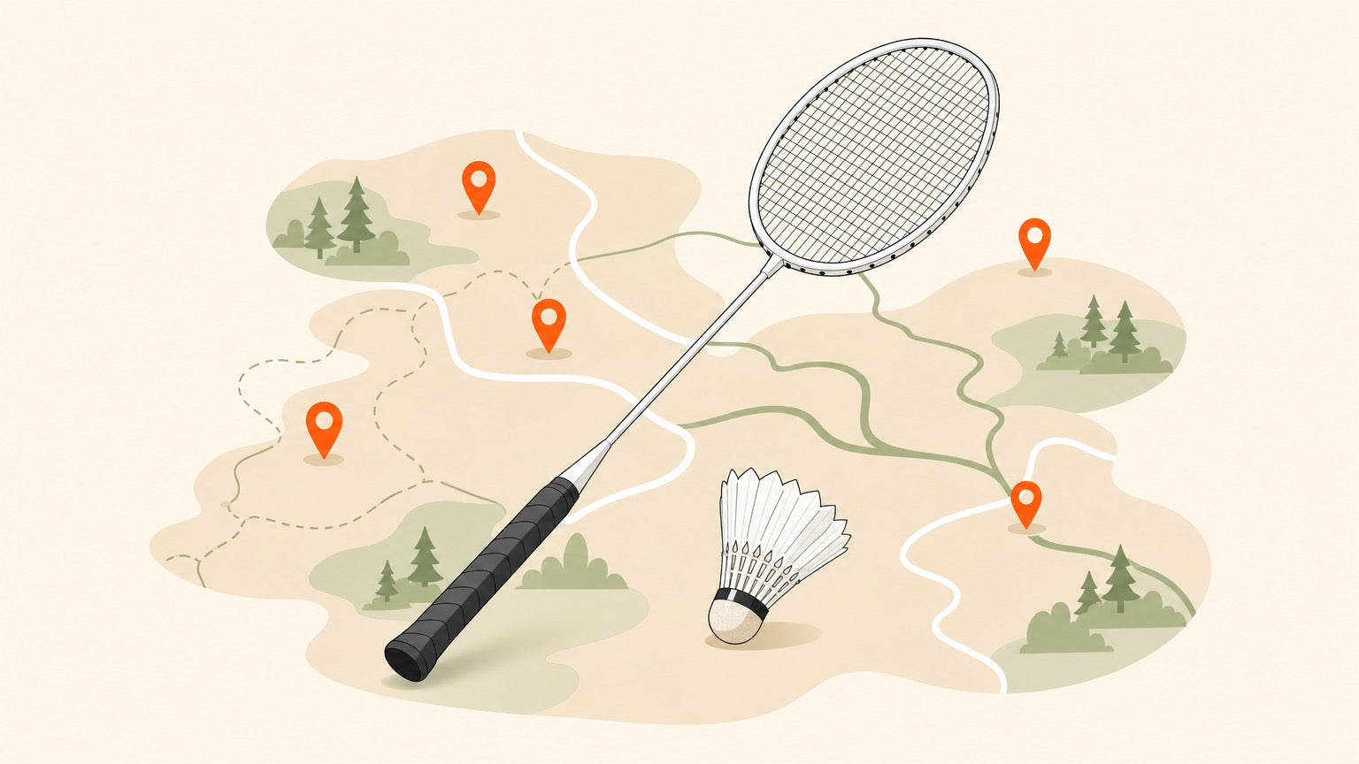 Flat vector banner with a badminton racket, shuttlecock, and small location pins for a Central and Northeastern Nova Scotia places-to-play guide