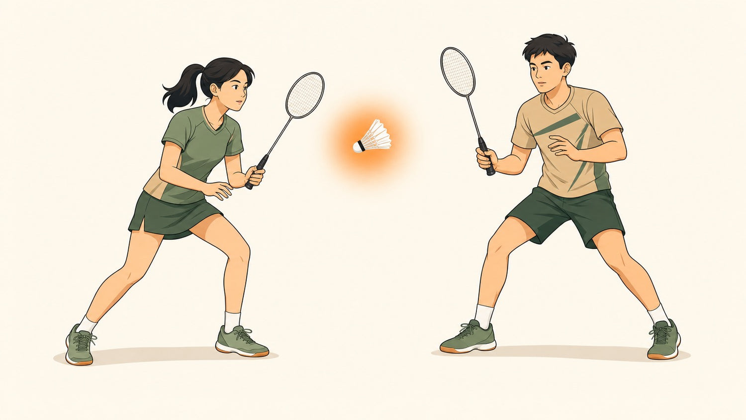 Two badminton doubles partners hesitate over a shuttlecock between them, representing a middle-shot decision.