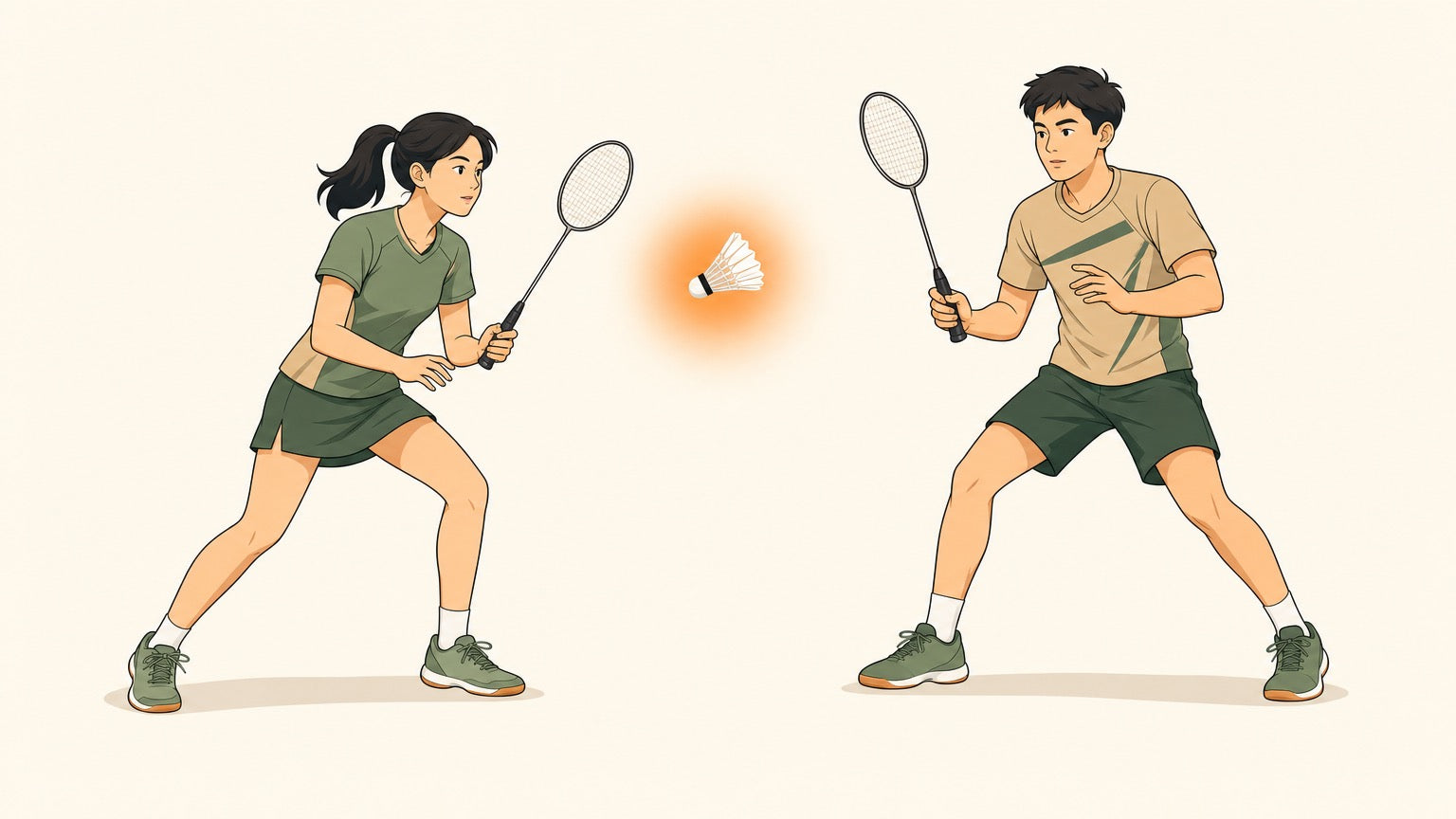 Two badminton doubles partners hesitate over a shuttlecock between them, representing a middle-shot decision.