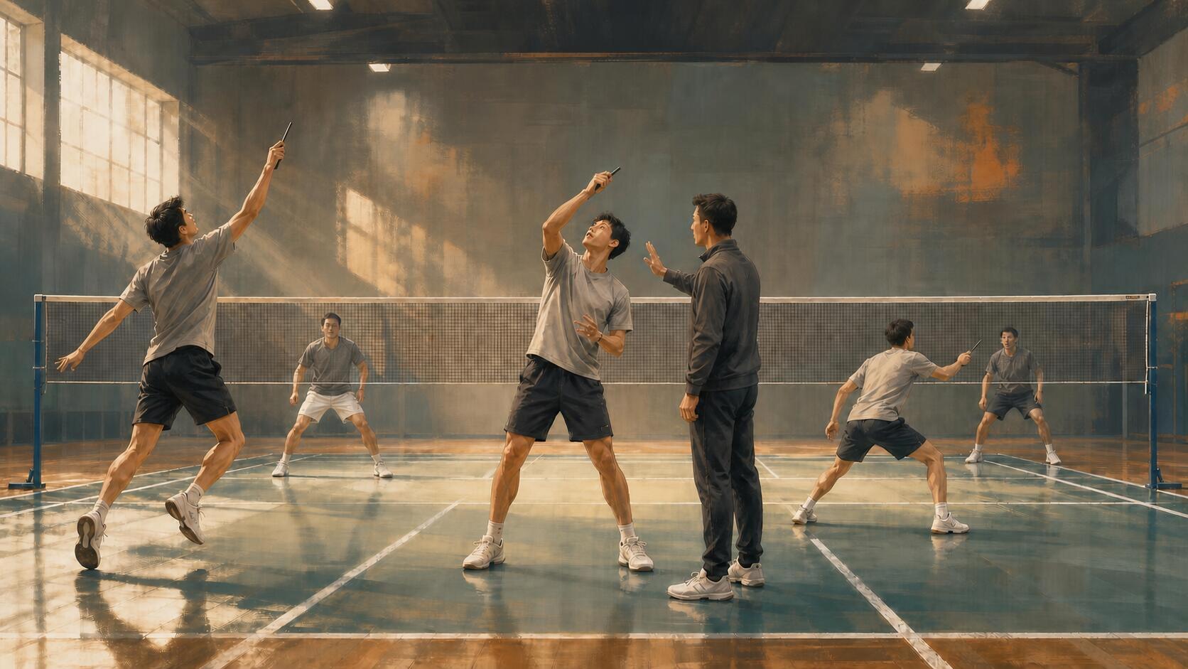 Une personne apprenante passe d’un échange avec amorti au-dessus de la tête à un exercice guidé sur le point de contact, puis revient au jeu réel dans un même gymnase de badminton intérieur.