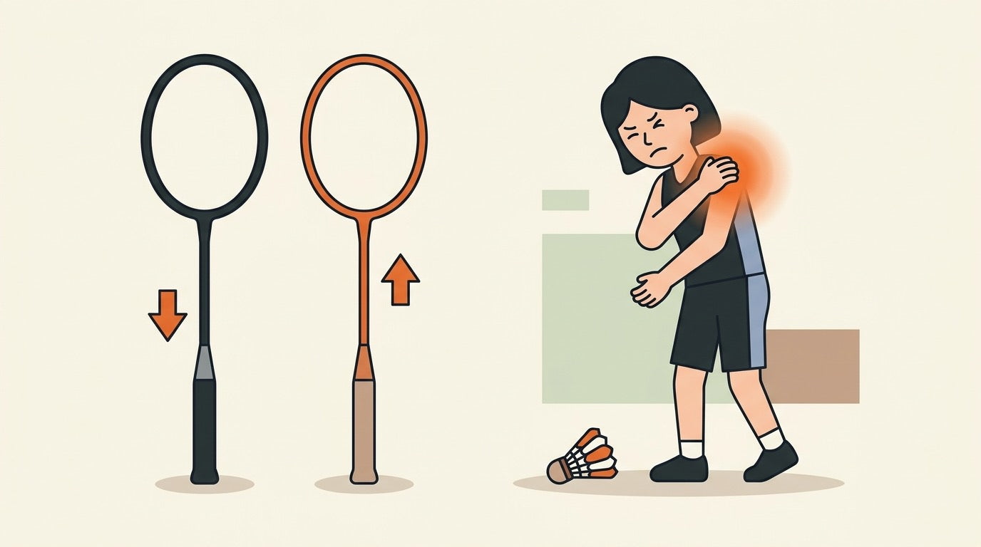 Illustration of a badminton player with a sore shoulder comparing a heavy racket with a lighter racket on an indoor court