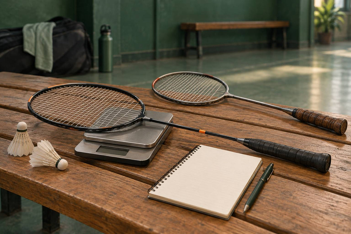 A racket, its weight record and its balance point provide three separate clues when comparing a heavy-feeling setup.