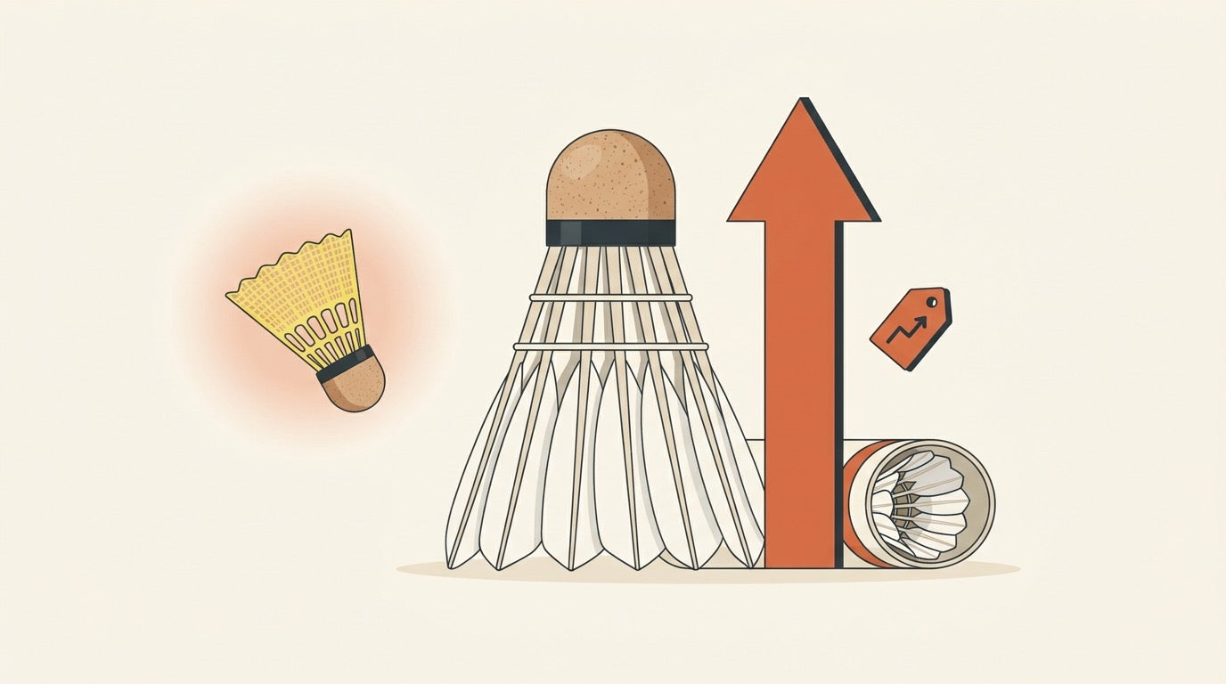 Illustrated badminton court with shuttlecocks, feathers, and a calculator representing rising shuttlecock costs