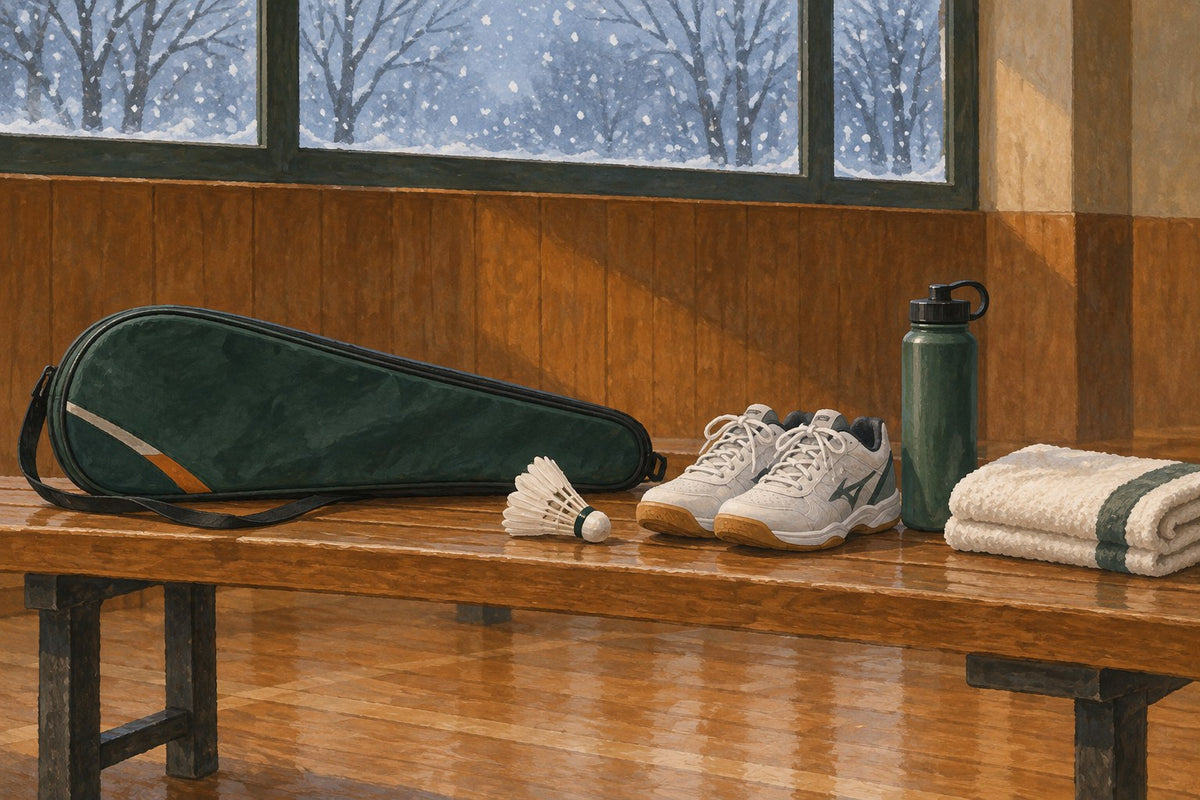 Illustration of a racket bag, court shoes, bottle and towel beside a snowy gym window; not a photograph of a local venue.