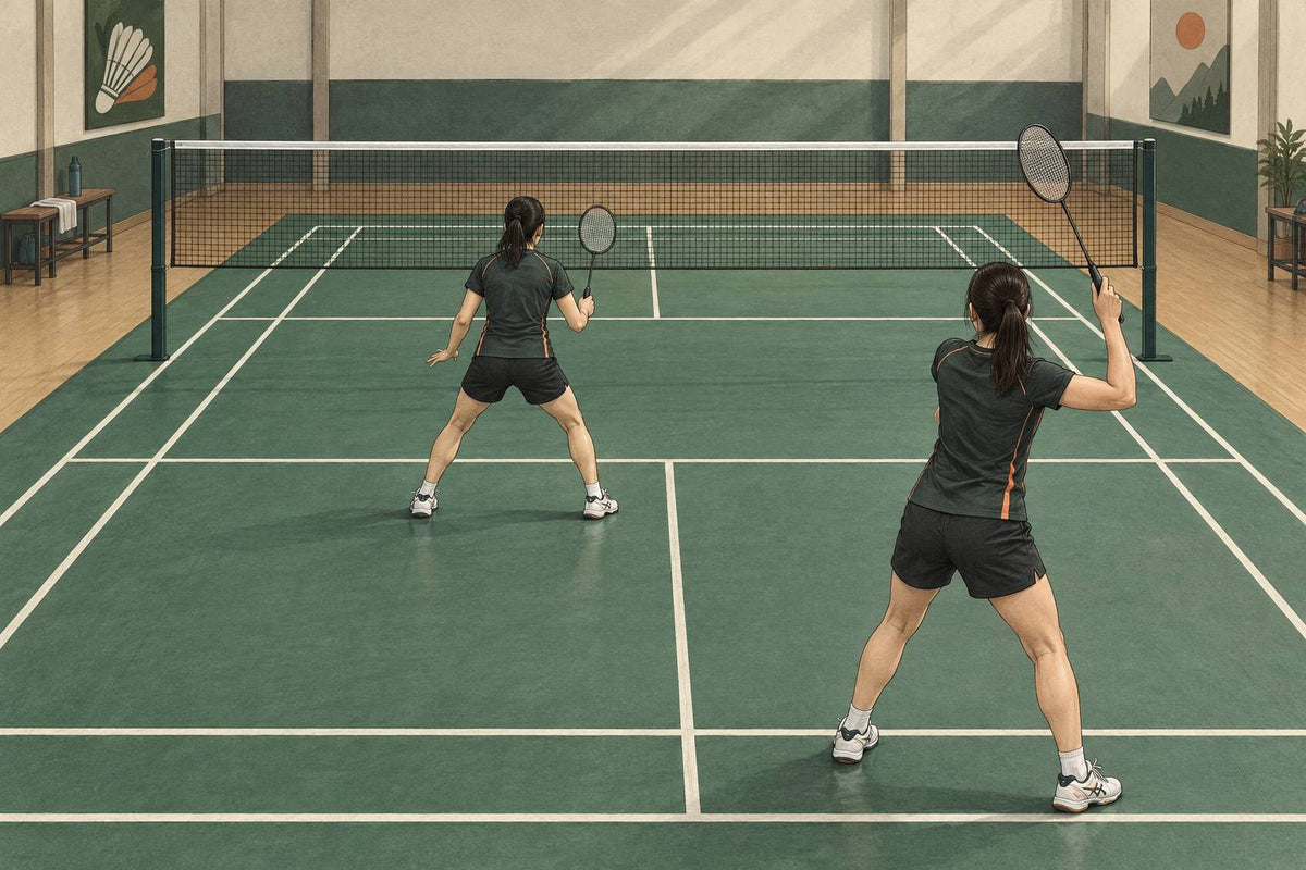 Editorial illustration of two women practising patient front-and-back doubles positioning.