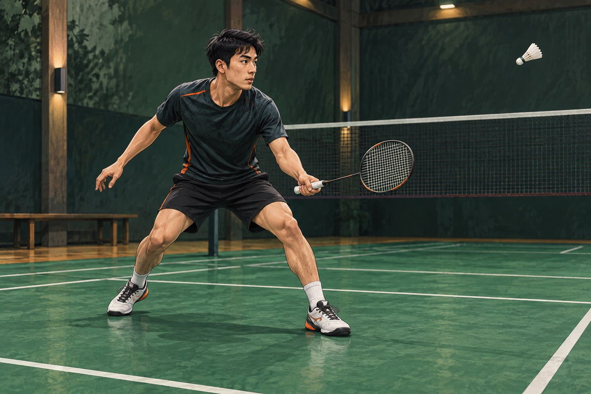 A player regains balance before redirecting toward the shuttle after a wrong first move.