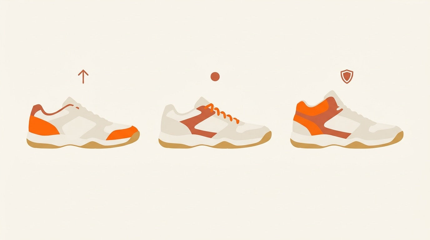 Illustrated badminton shoe comparison lineup on a warm indoor court