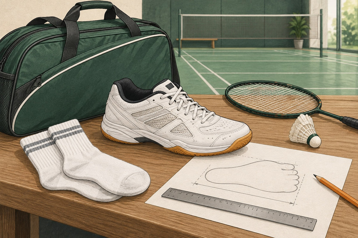 A court shoe and measuring tools introduce a foot-length check before consulting the exact model’s size listing.