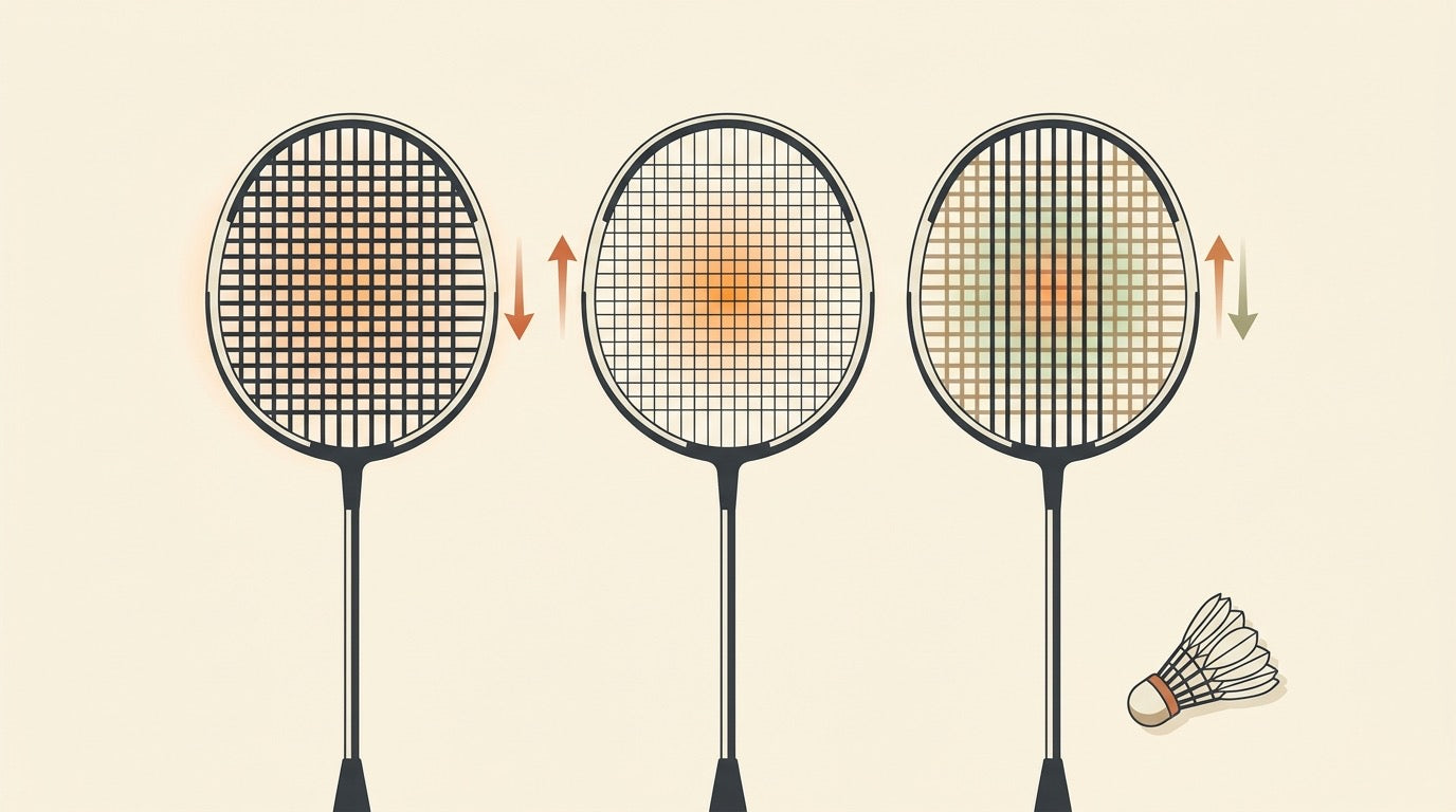 Three badminton rackets on a warm indoor court representing BG65 durability, BG66 Ultimax repulsion, and Aerobite control.