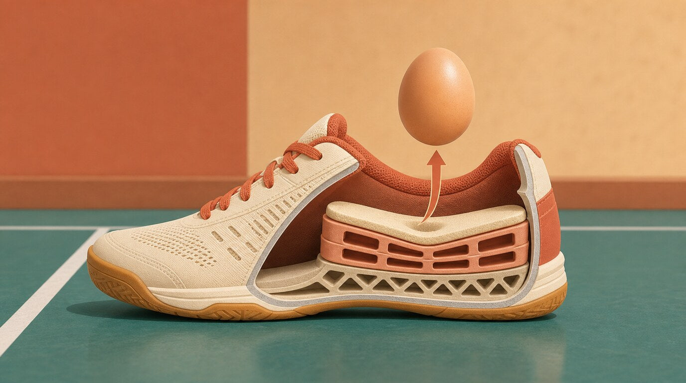 Illustrated cutaway badminton shoe midsole with cushioning layers and an egg bouncing on an indoor court