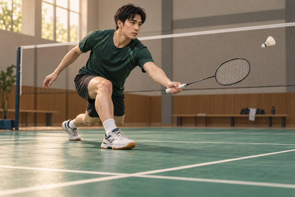 Cushioning works with the whole shoe during a badminton landing and recovery.