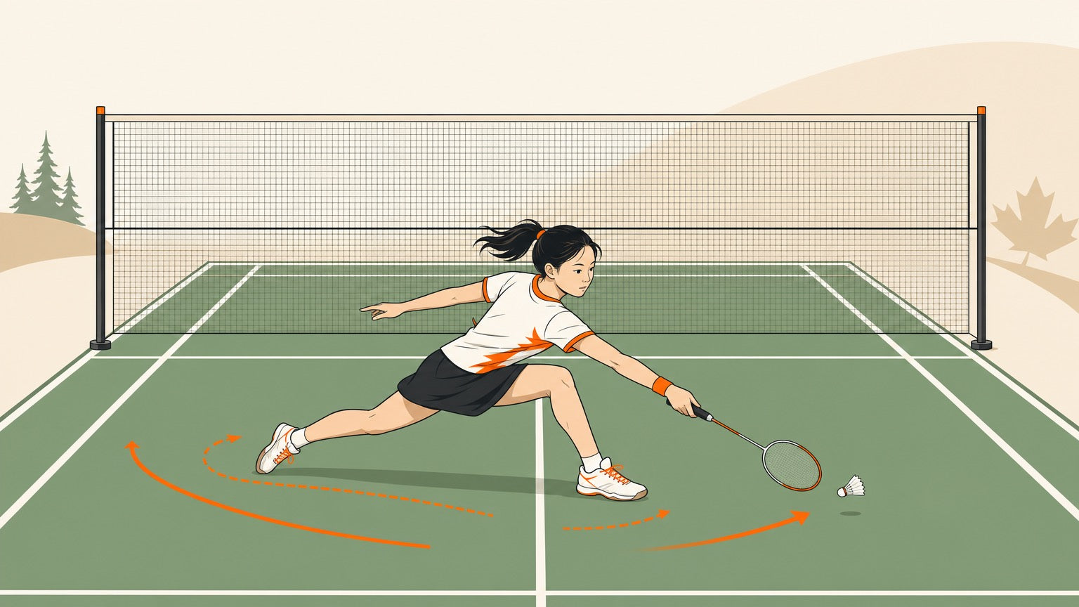 Flat vector banner of a petite badminton singles player retrieving a shuttle with a highlighted racket and footwork trail
