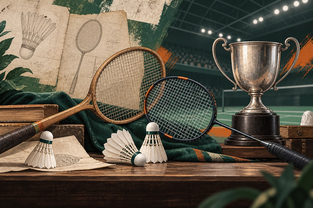 This editorial illustration pairs older and modern equipment to introduce the All England’s long tournament history.