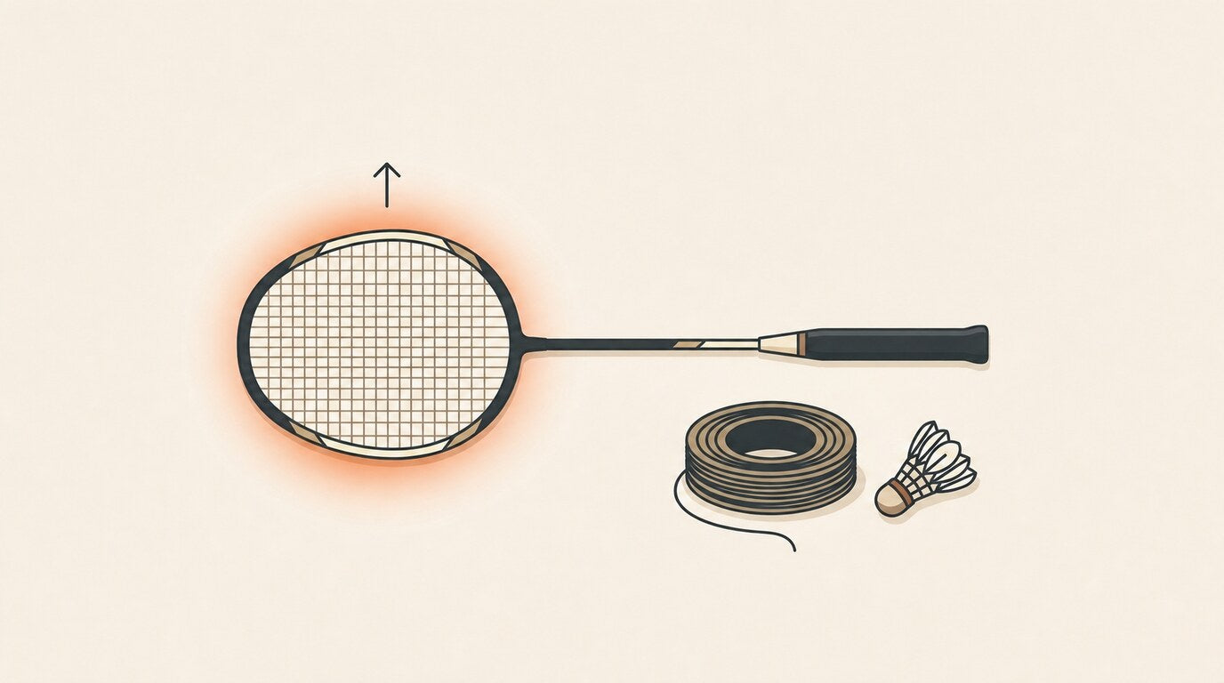 Illustration en vue plongeante d’une raquette de badminton cordée, d’une bobine de cordage de raquette et d’un volant sur un fond crème