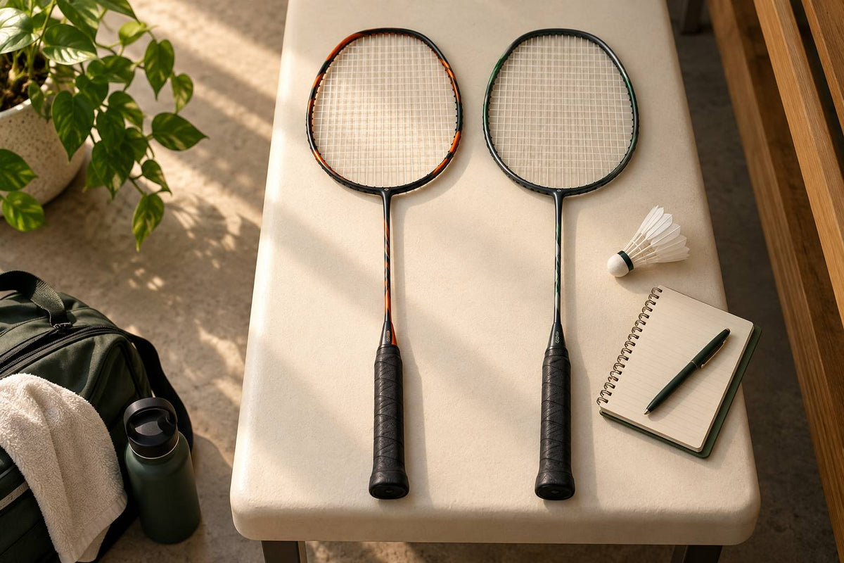 Two illustrative rackets are arranged for a comparison with matching string and grip setups.