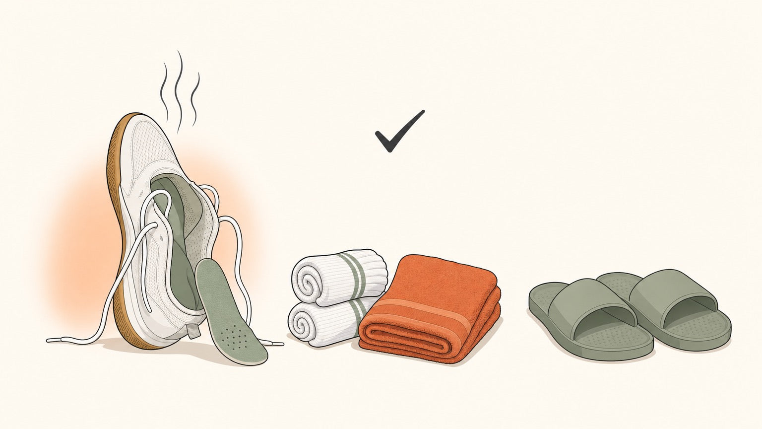 Flat vector illustration of a badminton court shoe airing with loosened laces and insole out, beside rolled dry socks, a folded towel and shower sandals, with a small check mark.