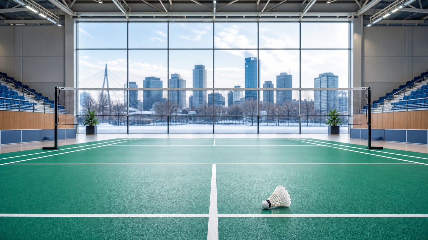 Empty indoor badminton championship court with a shuttlecock and a Winnipeg winter skyline backdrop.