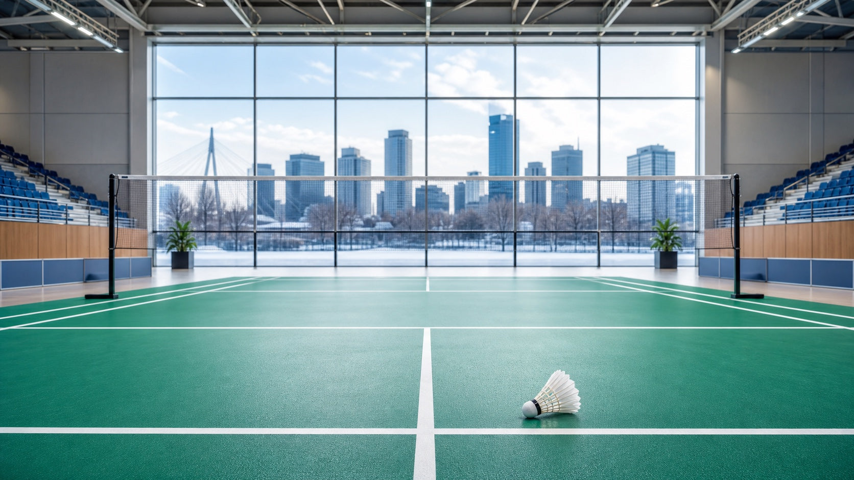 Empty indoor badminton championship court with a shuttlecock and a Winnipeg winter skyline backdrop.
