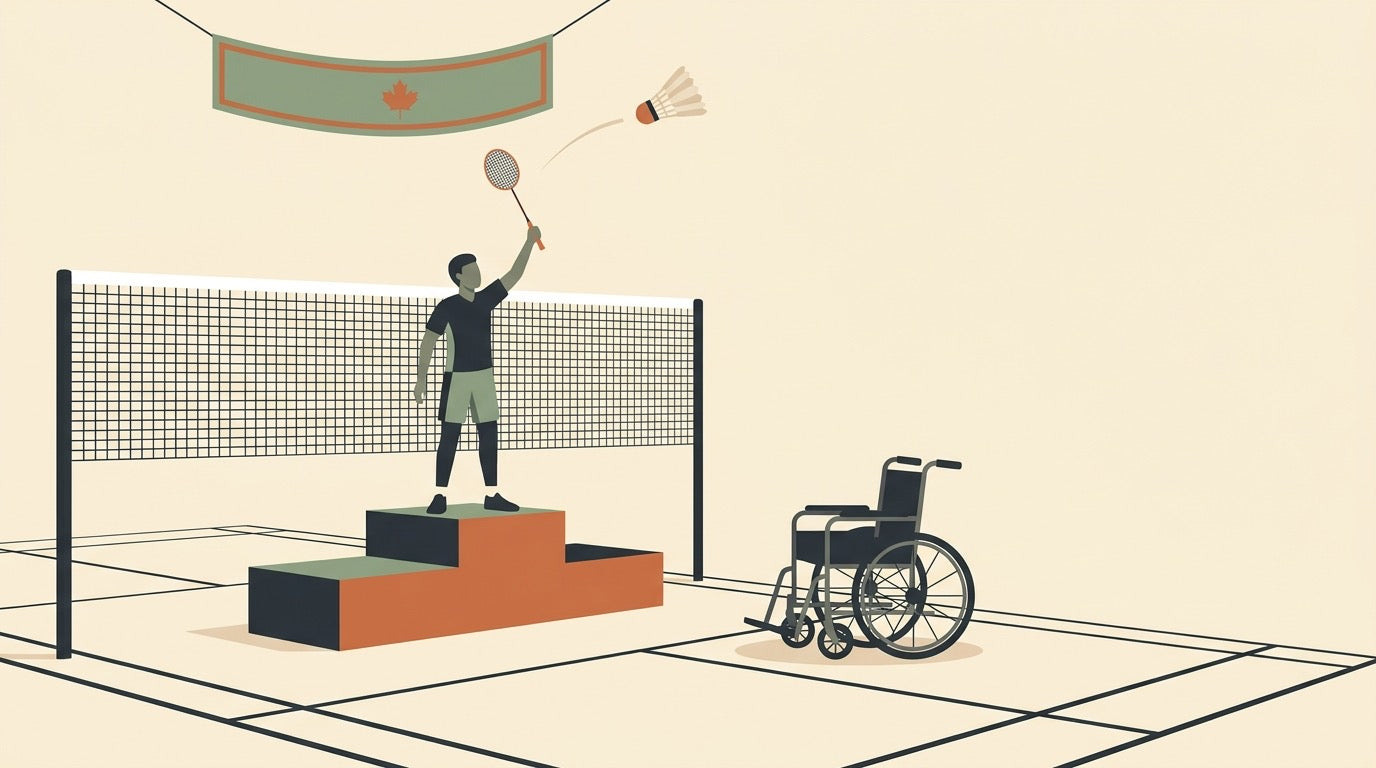 Flat vector illustration of a badminton champion raising a racket on the top step of a podium beside an empty wheelchair, with a high net, shuttlecock, and maple-leaf banner overhead.