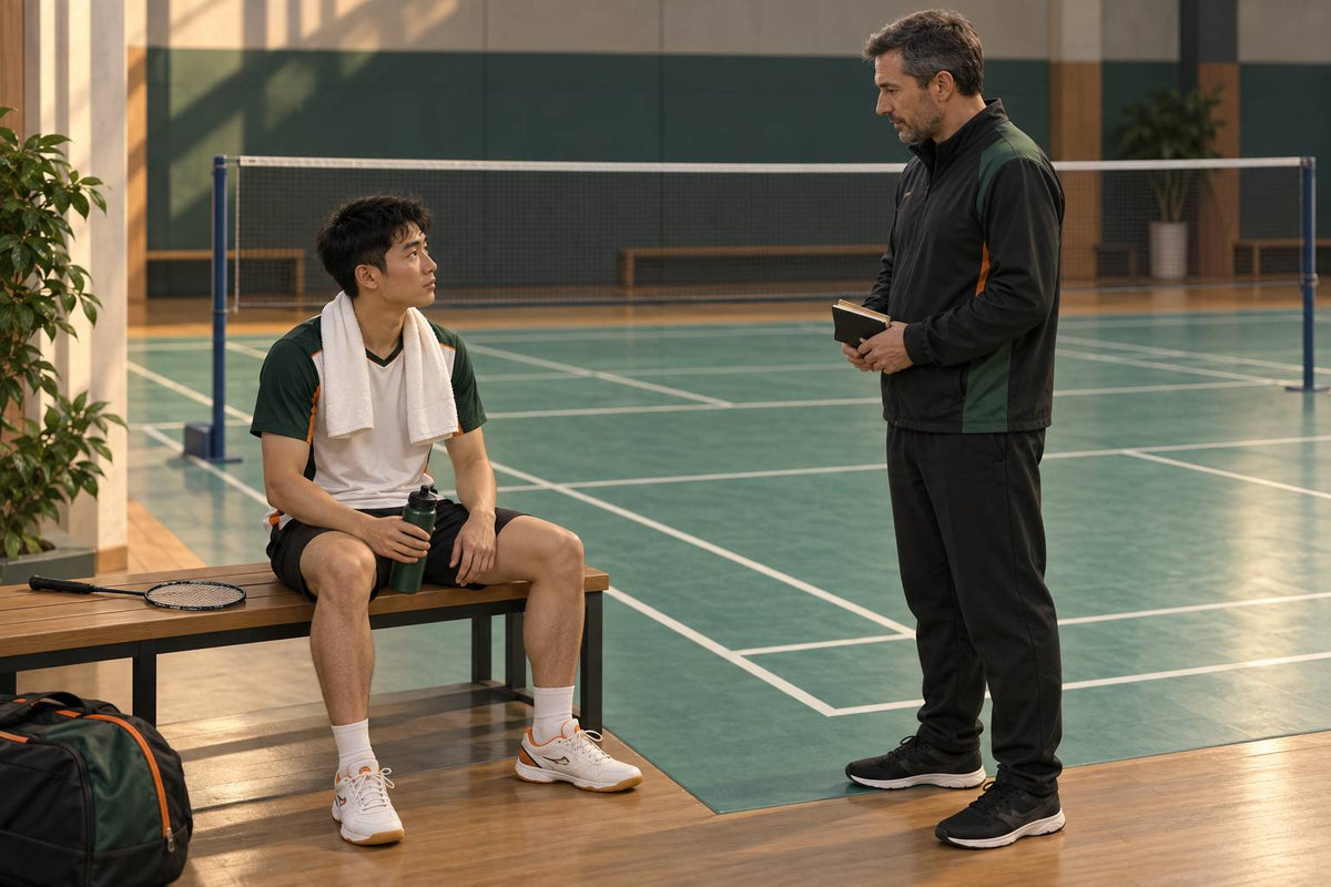 A player listens to a concise courtside plan during an interval with an authorized coach.