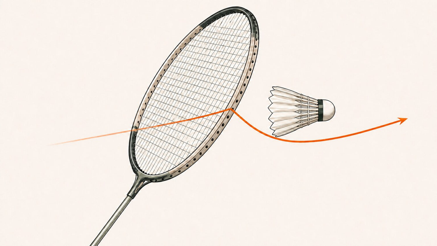 Close-up badminton racket showing a shuttle deflected sideways after tangential off-angle contact