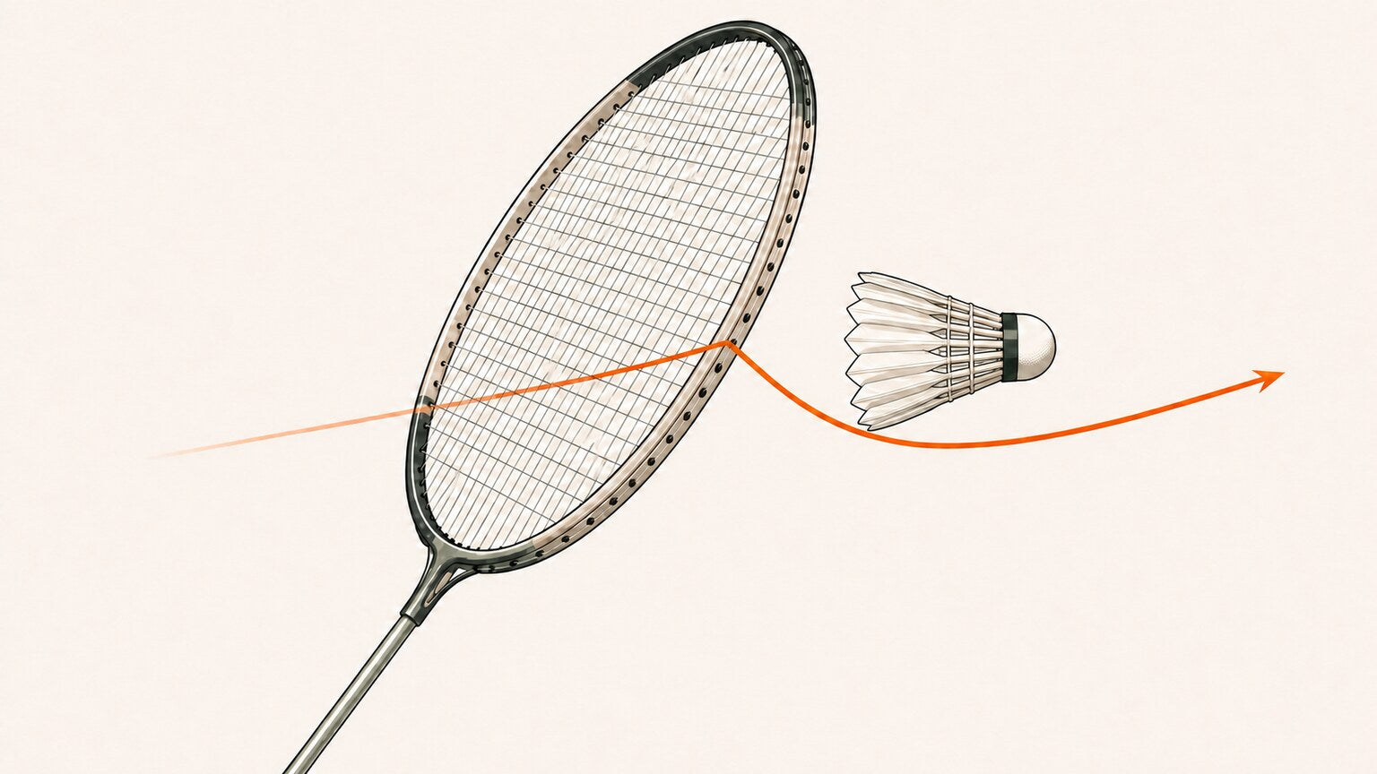 Close-up badminton racket showing a shuttle deflected sideways after tangential off-angle contact