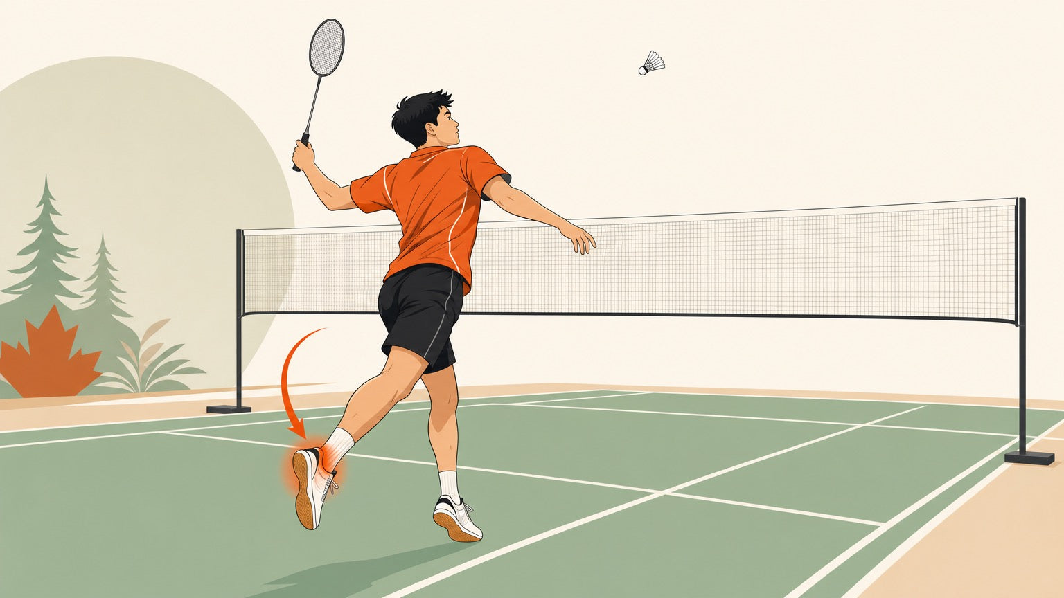 Flat vector badminton player landing from a rear-court jump stroke with the Achilles area highlighted