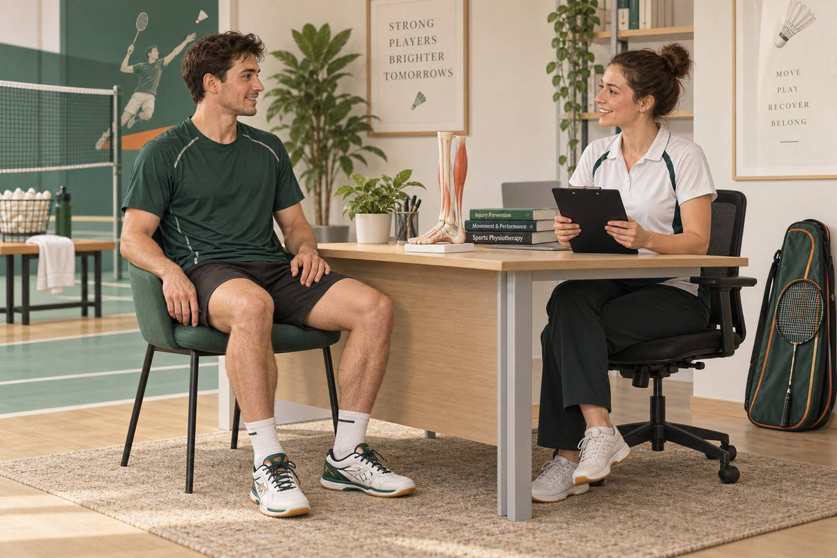 A clinician and player discuss Achilles symptoms and an individual plan for returning to badminton.