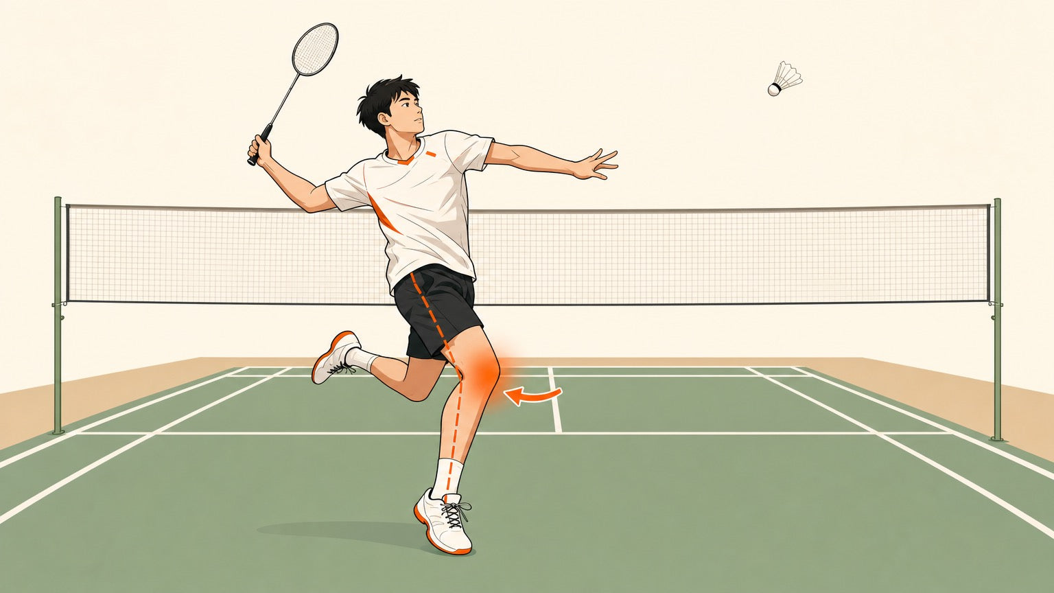 Badminton player landing on one leg with knee alignment highlighted after a jump smash